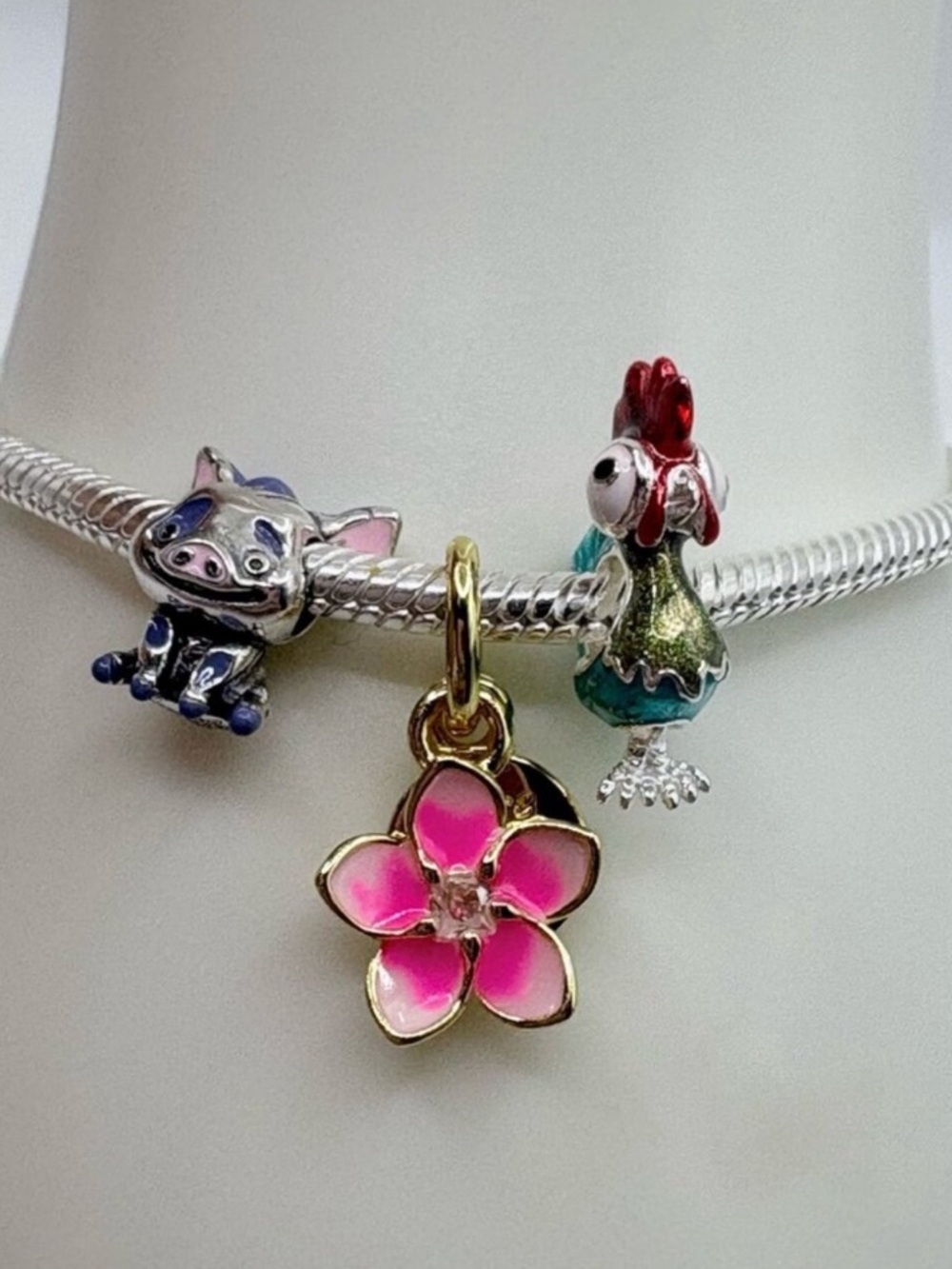 Pandora Pink Enamel Flower Dangle Charm with Gold Trim